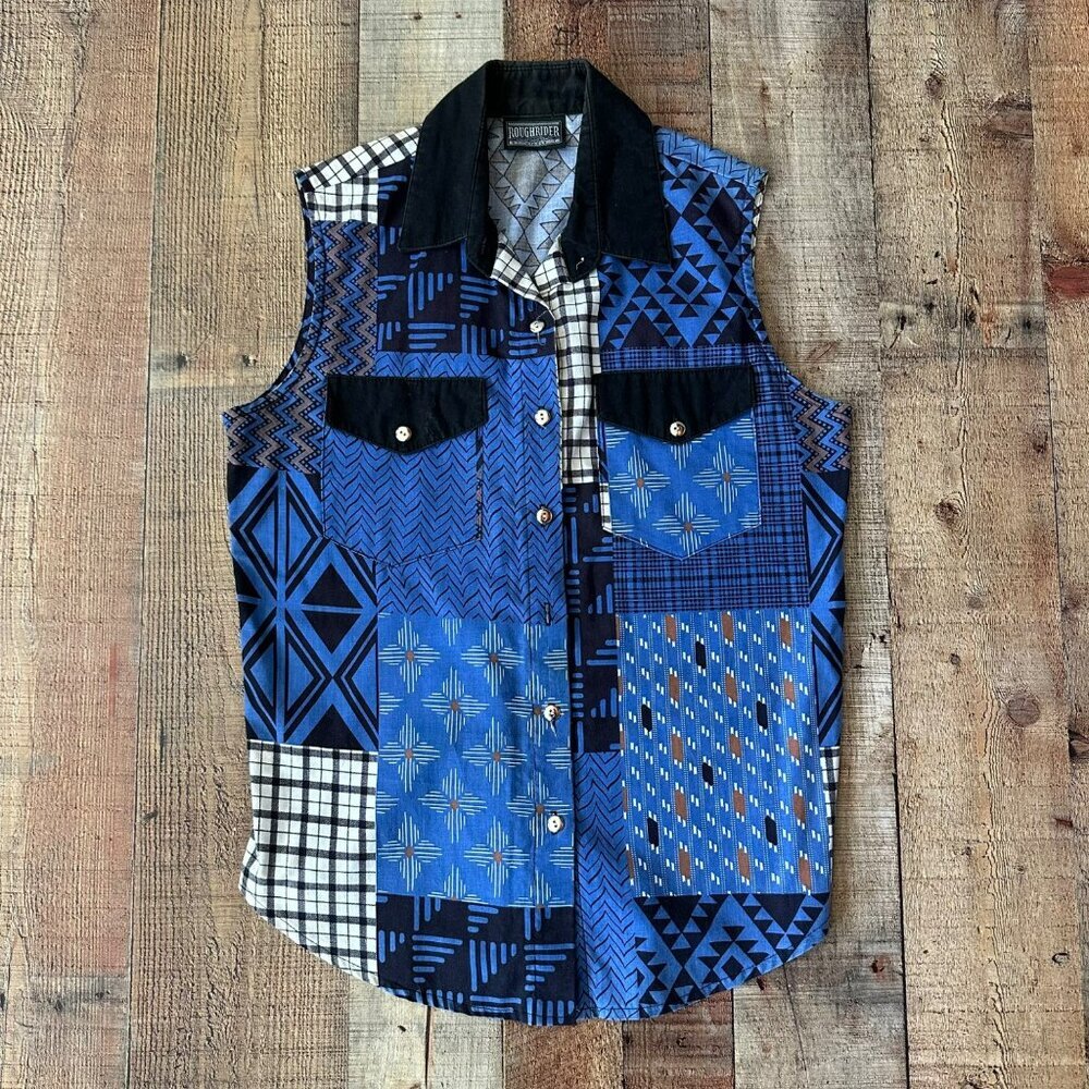 Roughrider By Circle Womens Sleeveless Patchwork Button-Up Vest Geometric Print